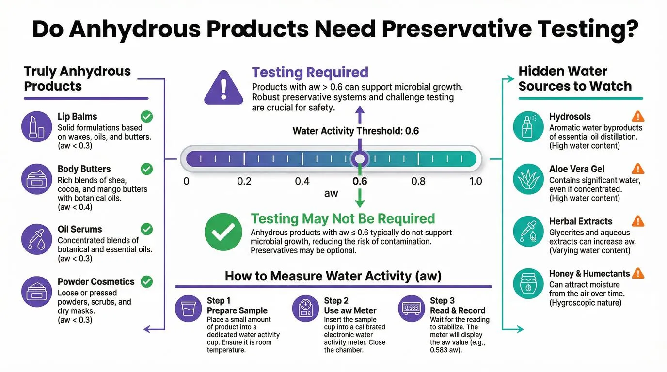 Anhydrous cosmetics water activity testing infographic showing aw threshold 0.6 for preservative efficacy test exemption and water-containing ingredients to watch
