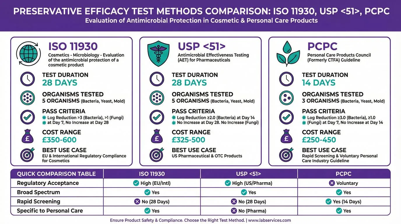 Visual comparison infographic ISO 11930 vs USP 51 vs PCPC preservative efficacy test methods showing test duration organisms cost and best use cases for cosmetics