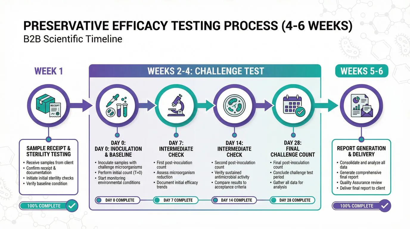 Preservative efficacy testing timeline flowchart showing 4-6 week process from sample submission Day 0 to ISO 11930 report delivery with weekly milestones